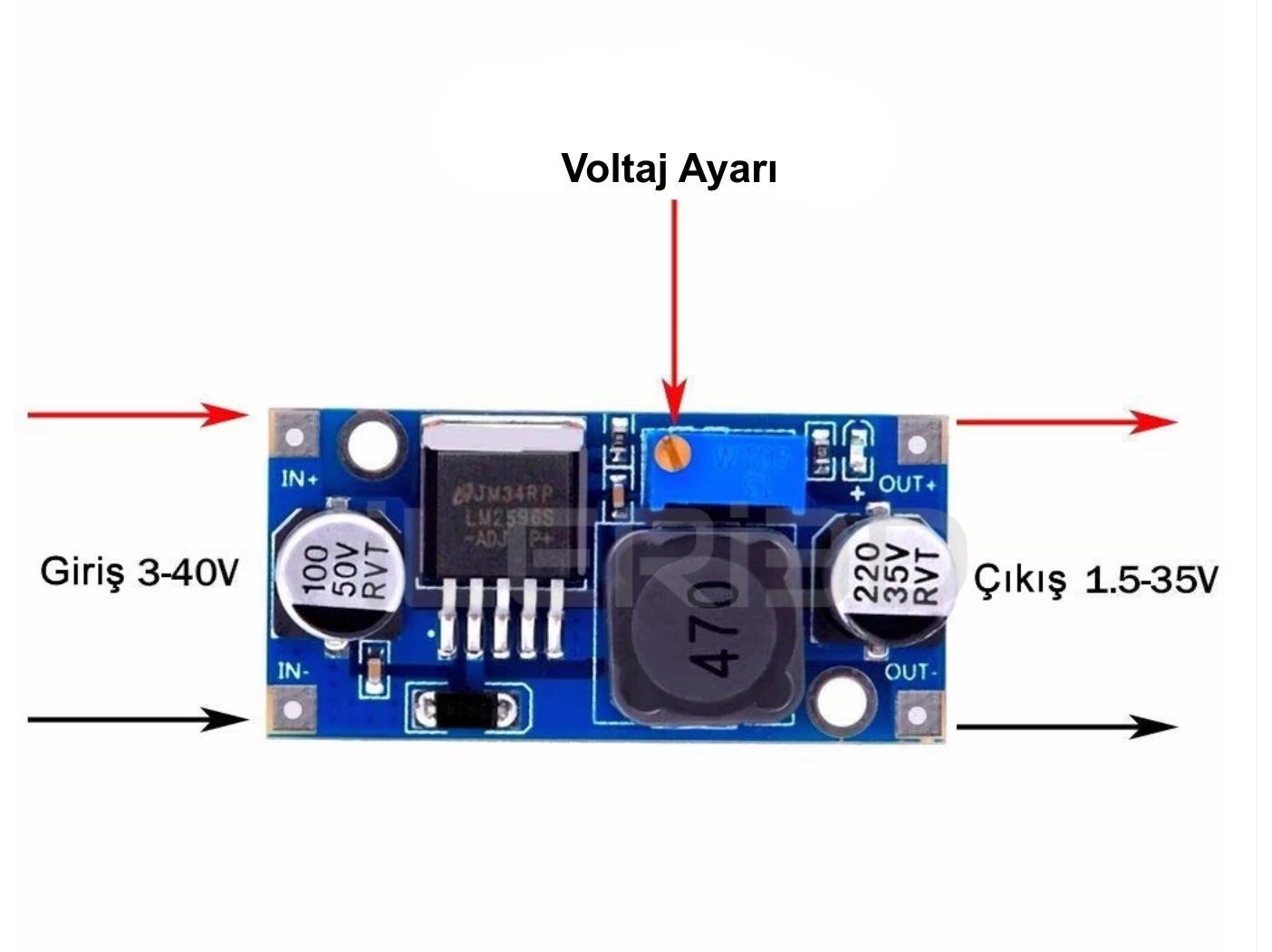 LM2596 Ayarlanabilir Voltaj Düşürücü Regülatör Kartı (4-35V ile 1.25-30V)